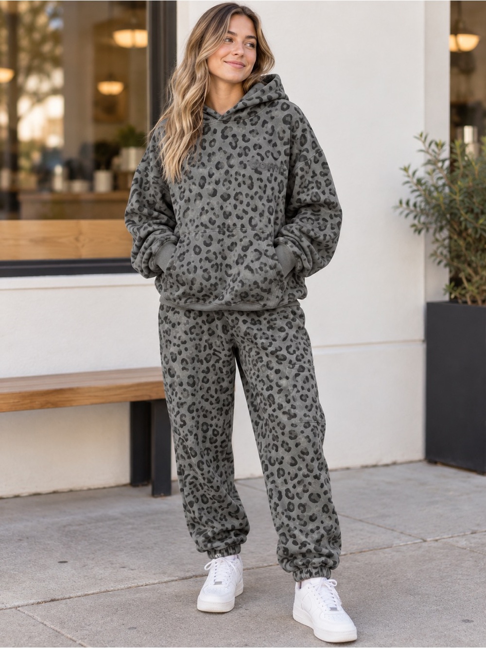 Women’s Comfrt Gray Leopard Hoodie & Jogger Set – Hoodie L / Pants XL